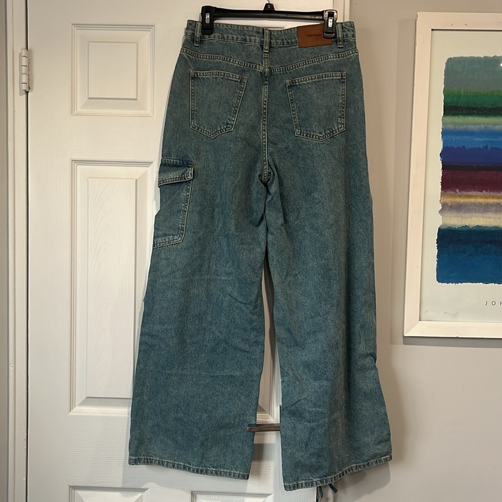 Women's Cider Denim Mid Rise Solid Bowknot Pocket Wide Leg Jeans - Picture 4 of 4